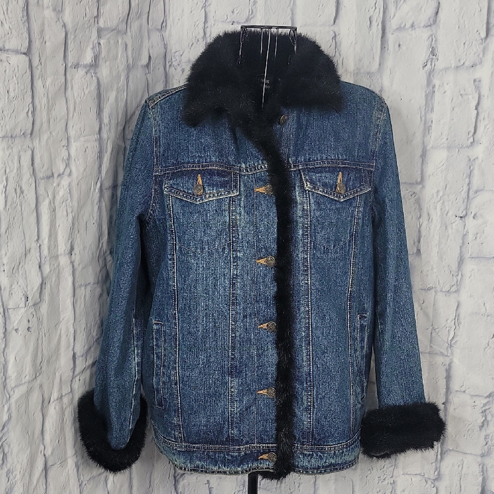 Dennis Basso Blue Denim Jacket with Black Fur Trim Size Small